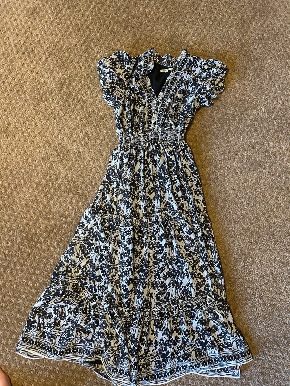 Black and White Floral Maxi Dress with Smocked Waist